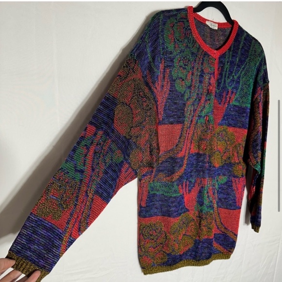 Vintage Holt Renfrew Red Blue Green Knit Half Button Up Pullover Light Sweater M - Picture 5 of 16